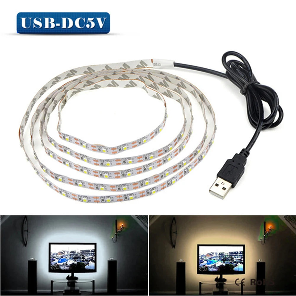 Tira LED USB 5V 2835 – Luz de Fundo para TV, Branca e Warm White – Decoração de Casa 1–5 m