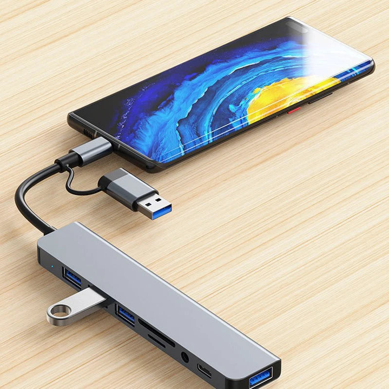 Hub USB-C 8 em 1 para Laptop/Tablet/Smartphone – Micro SD, Áudio 3.5mm, USB