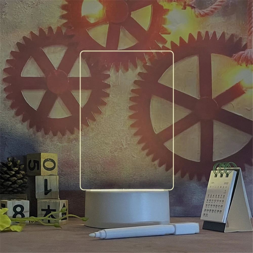 Luminária Noturna LED Transparente – Luz Acrílica USB com Quadro de Mensagens Apagável e Calendário