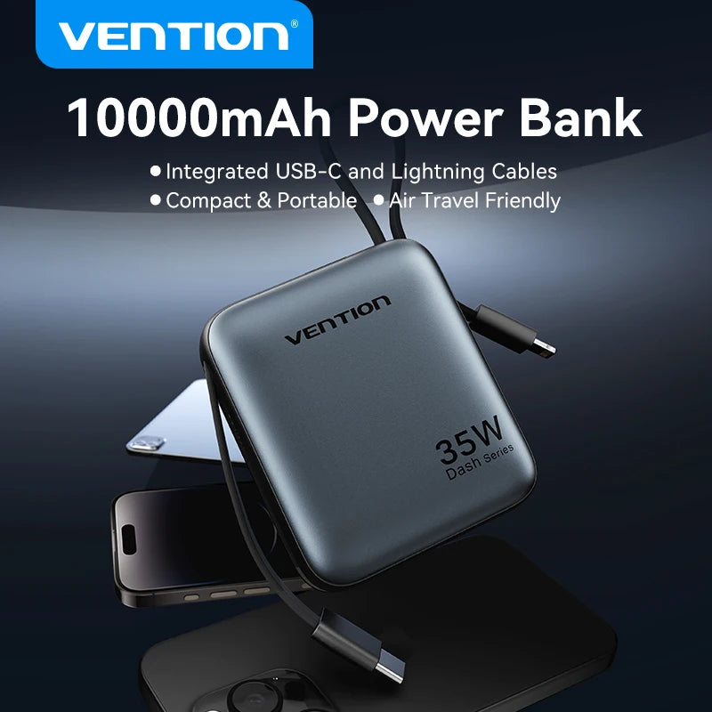 Vention Power Bank 10000mAh – Carregamento Rápido PD 35W, Bateria Portátil para iPhone 16/15 Pro Max e Xiaomi