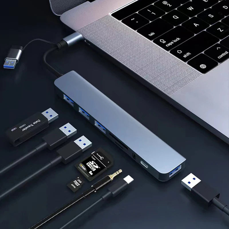 Hub USB-C 8 em 1 para Laptop/Tablet/Smartphone – Micro SD, Áudio 3.5mm, USB