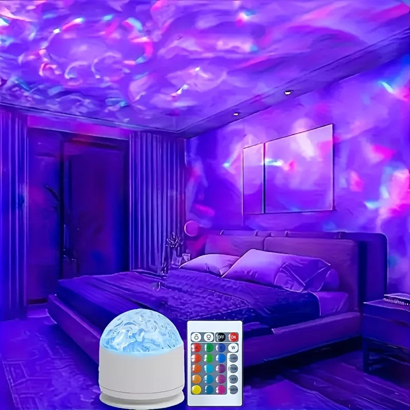 Projetor de Luz LED Céu Estrelado e Oceano – 16 Cores, Controle Remoto, Rotação Automática, Luz Noturna para Casa, Quarto e Festa