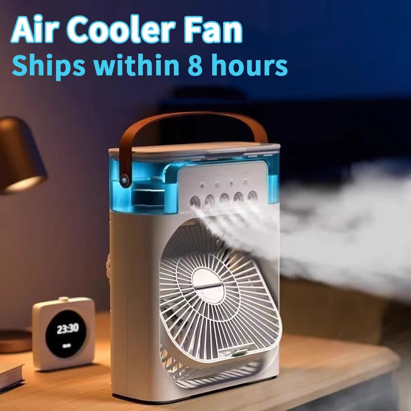 Ar Condicionado Portátil 3 em 1 – Mini Air Cooler, Ventoinha com Umidificador e Luz LED – Silencioso, Económico e Ideal para Casa e Escritório
